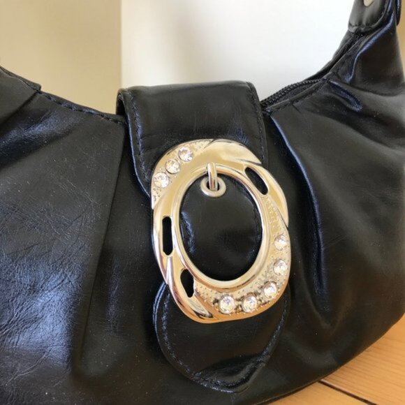 Black Faux Leather Mini Bag Purse with Silver-tone Rhinestone Buckle - Picture 2 of 9